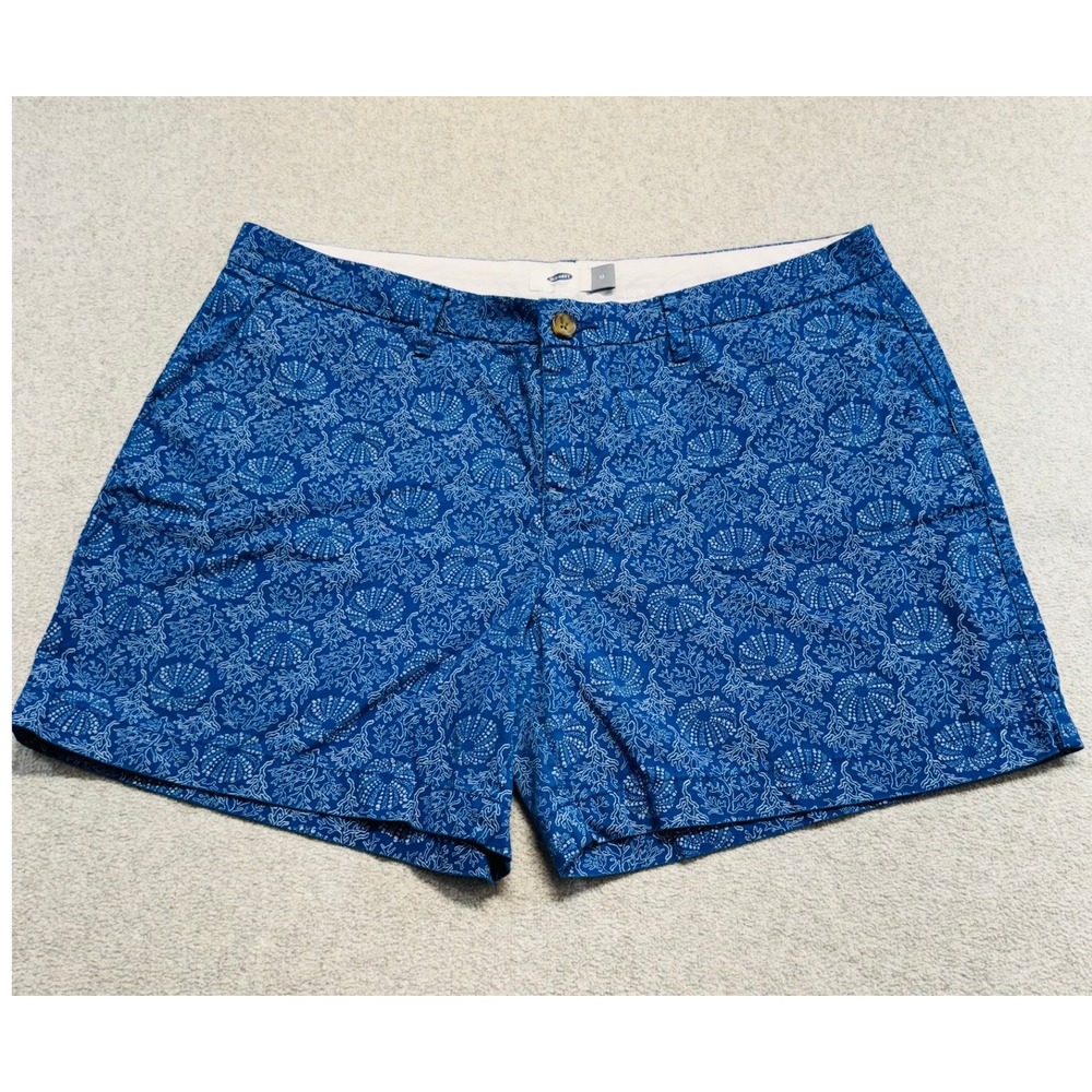 Old Navy Chino Shorts Womens 12 Blue Sea Urchin Coral Print Cotton Casual Summer